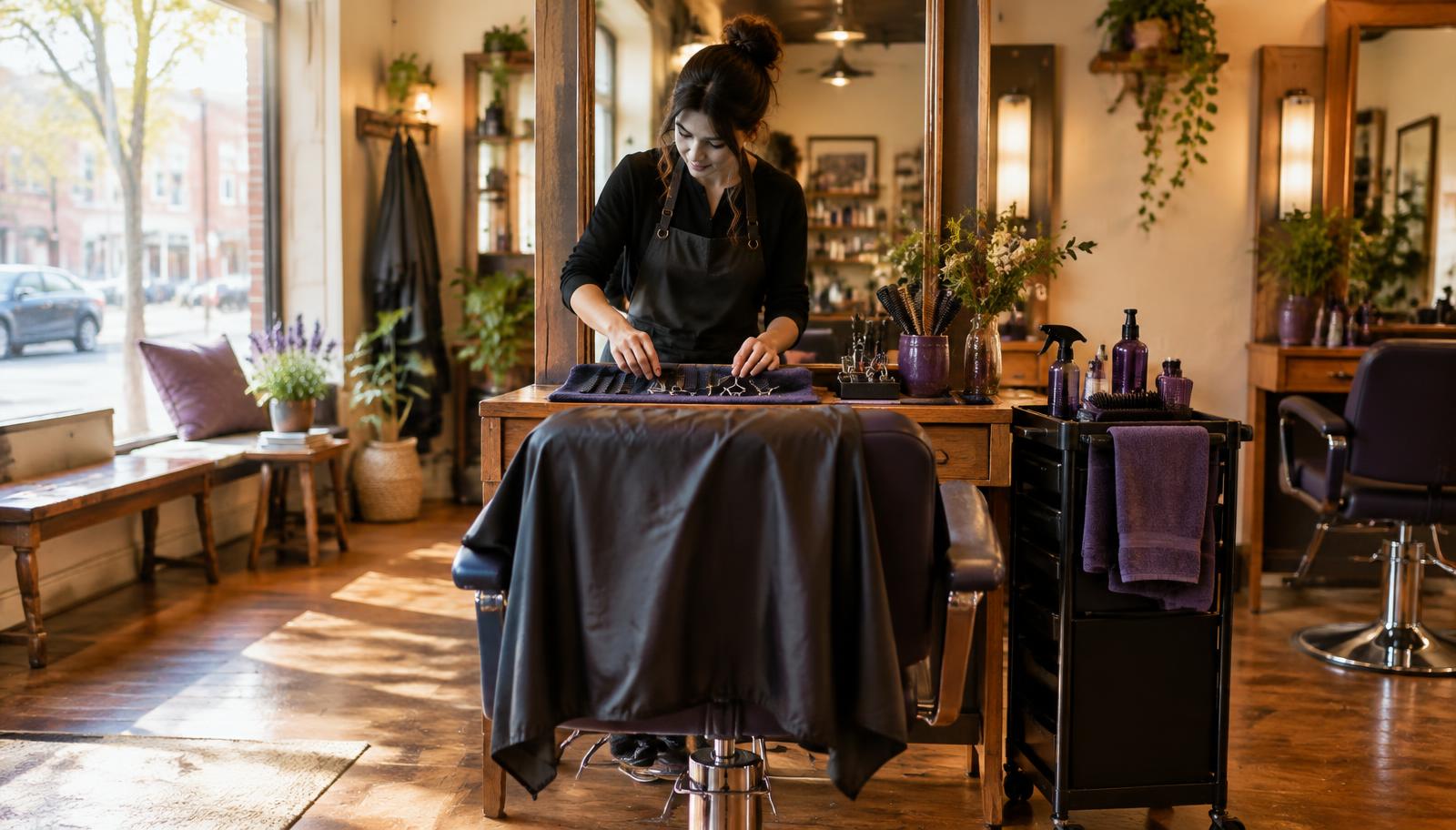 A stylist preparing her station as the salon opens